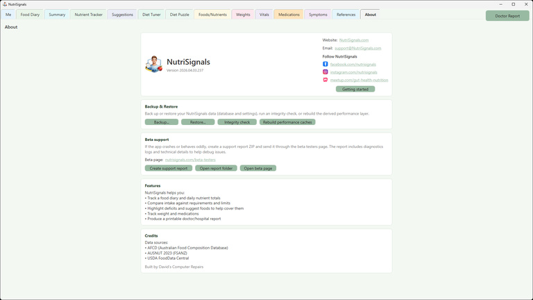 About tab showing brand details, support links, backup tools, beta support actions, and app overview information in NutriSignals