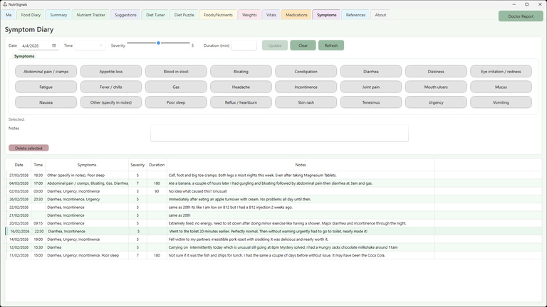 Symptoms tab showing symptom entry controls, severity and duration tracking, notes, and symptom history in NutriSignals